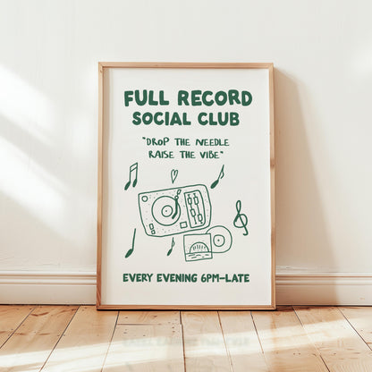 Customizable Full Record Social Club, Art Print Poster ONLY, drop the needle, Living Room Art, vinyl lover art print, Music Poster,