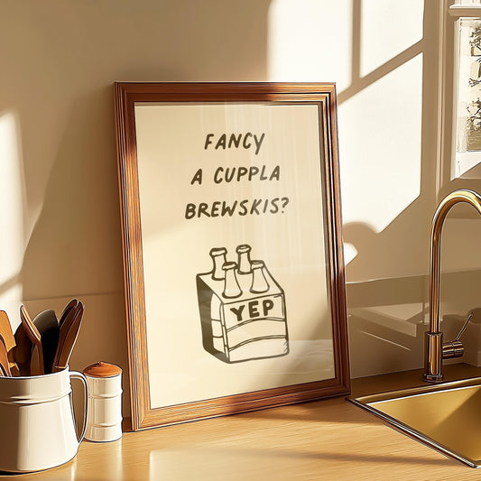 Customizable Fancy a Cuppla Brewskis? Art Print Poster ONLY, kitchen Art, Dining Room Wall Decor, Funny beer Lover Print, Minimal beer Art