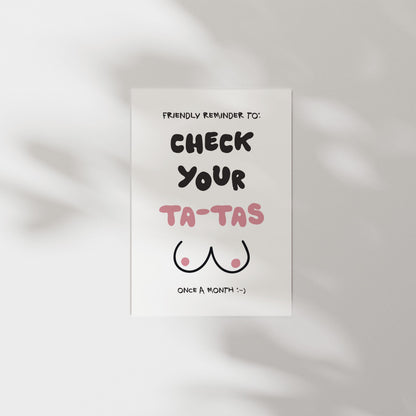 Customizable Check your Ta-Tas | Breast Cancer Awareness Art Print Poster ONLY | Bathroom Art | Wall Decor | Funny Bedroom Art Print