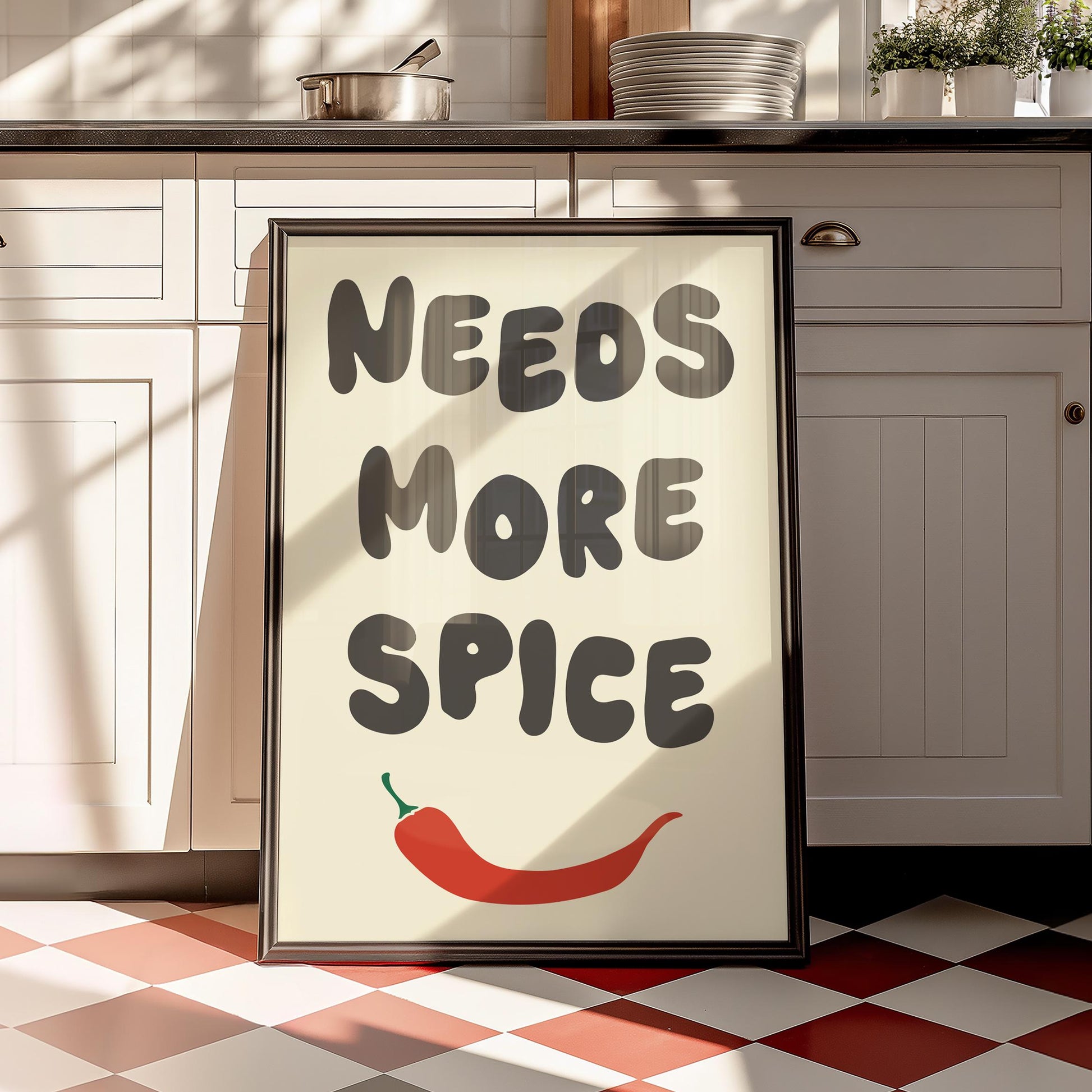 Customizable Needs More Spice Art Print Poster ONLY, funny kitchen Art, Bold Kitchen Wall Decor, Funny Chili Pepper Poster, Foody Art