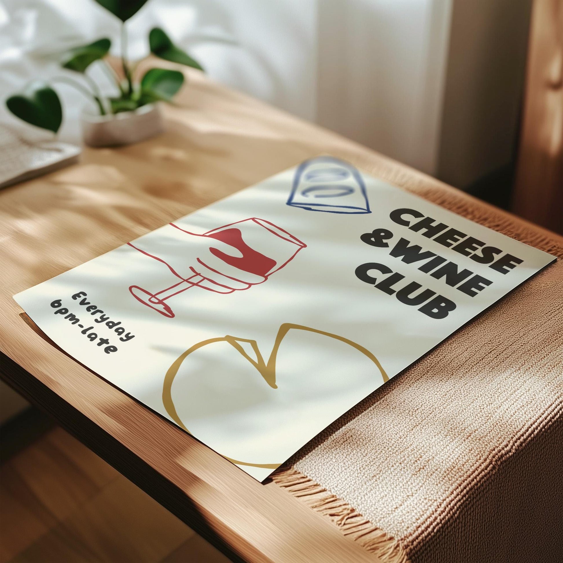 Customizable Cheese and Wine Club Art Print Poster ONLY, Kitchen Wine Wall Art, Wall Decor for Wine Lovers, Hand drawn doodle poster