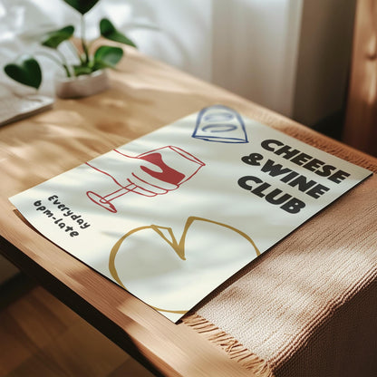 Customizable Cheese and Wine Club Art Print Poster ONLY, Kitchen Wine Wall Art, Wall Decor for Wine Lovers, Hand drawn doodle poster