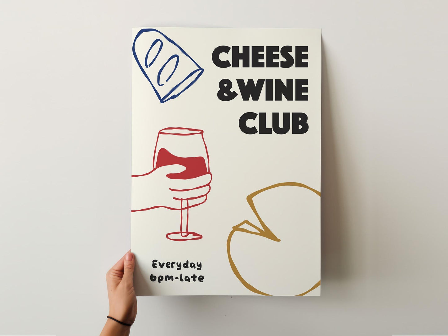 Customizable Cheese and Wine Club Art Print Poster ONLY, Kitchen Wine Wall Art, Wall Decor for Wine Lovers, Hand drawn doodle poster