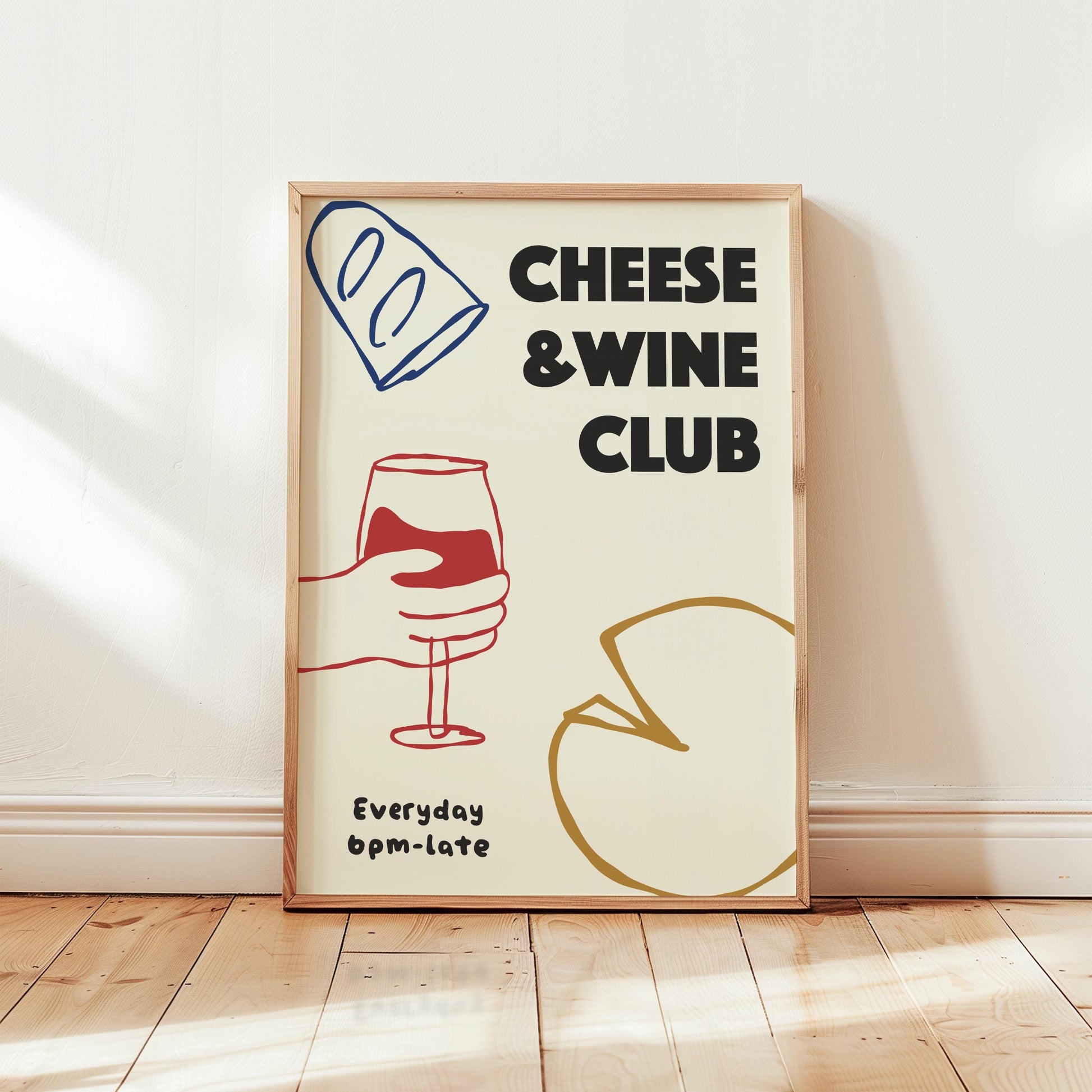 Customizable Cheese and Wine Club Art Print Poster ONLY, Kitchen Wine Wall Art, Wall Decor for Wine Lovers, Hand drawn doodle poster