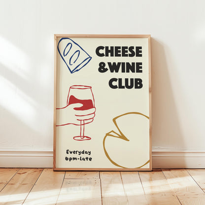 Customizable Cheese and Wine Club Art Print Poster ONLY, Kitchen Wine Wall Art, Wall Decor for Wine Lovers, Hand drawn doodle poster