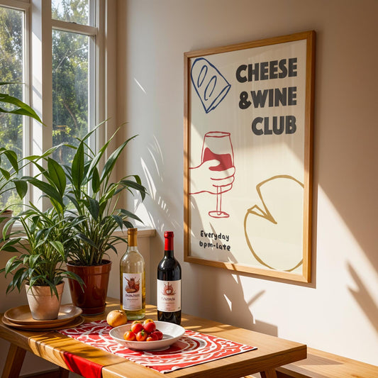 Customizable Cheese and Wine Club Art Print Poster ONLY, Kitchen Wine Wall Art, Wall Decor for Wine Lovers, Hand drawn doodle poster